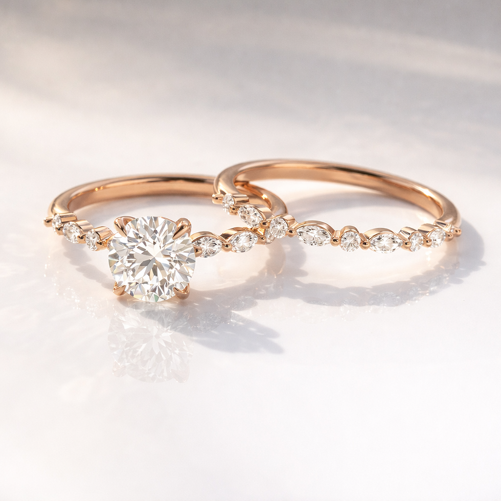 Yellow gold diamond ring with pave wedding band
