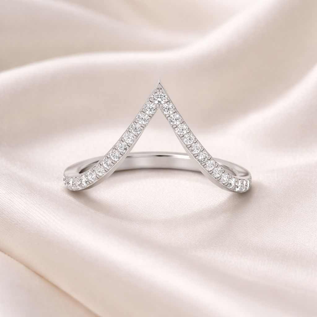 Chevron Wedding Ring With Round Cut Diamond Or Moissanite In Minimalist Design