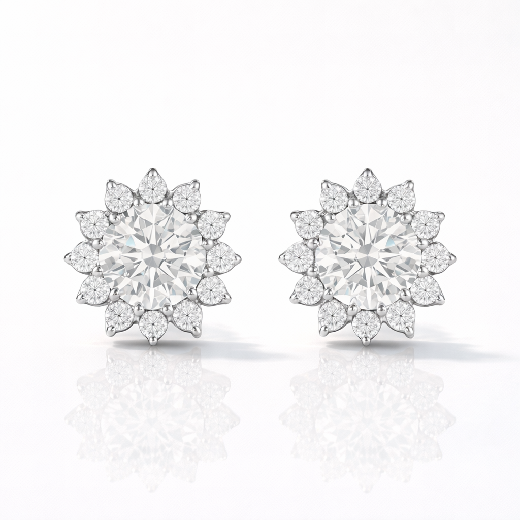 Stunning Round Cut Diamond Earrings With Halo Setting And Gold Prong Settings
