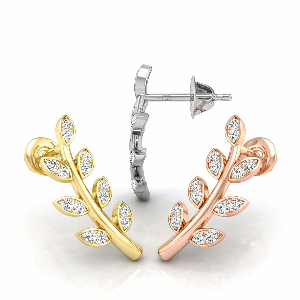Marquise Cut Outline Leaf Shape Gold Stud Diamond Earrings
