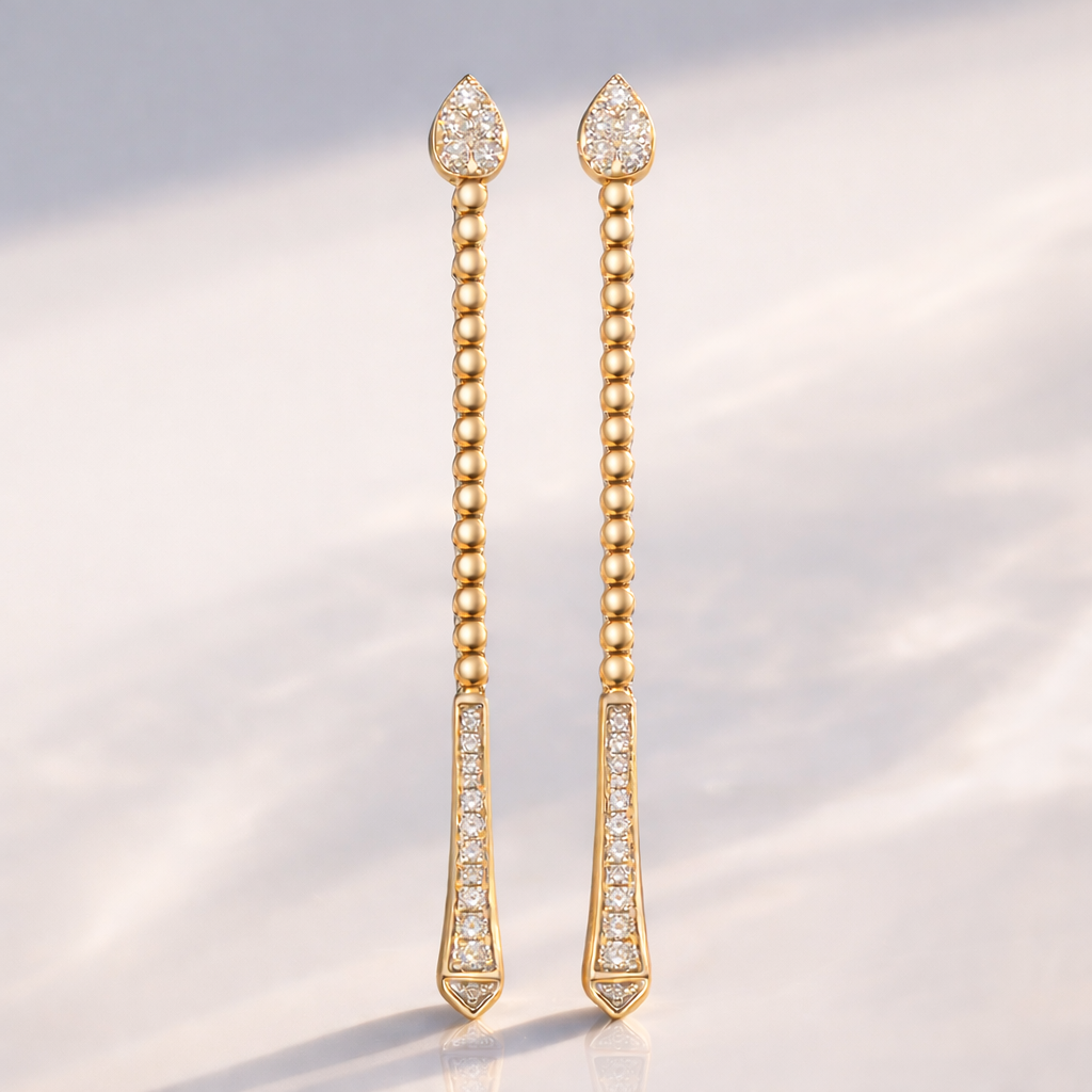 Diamond Drop Earrings In Gold With Modern Long Style
