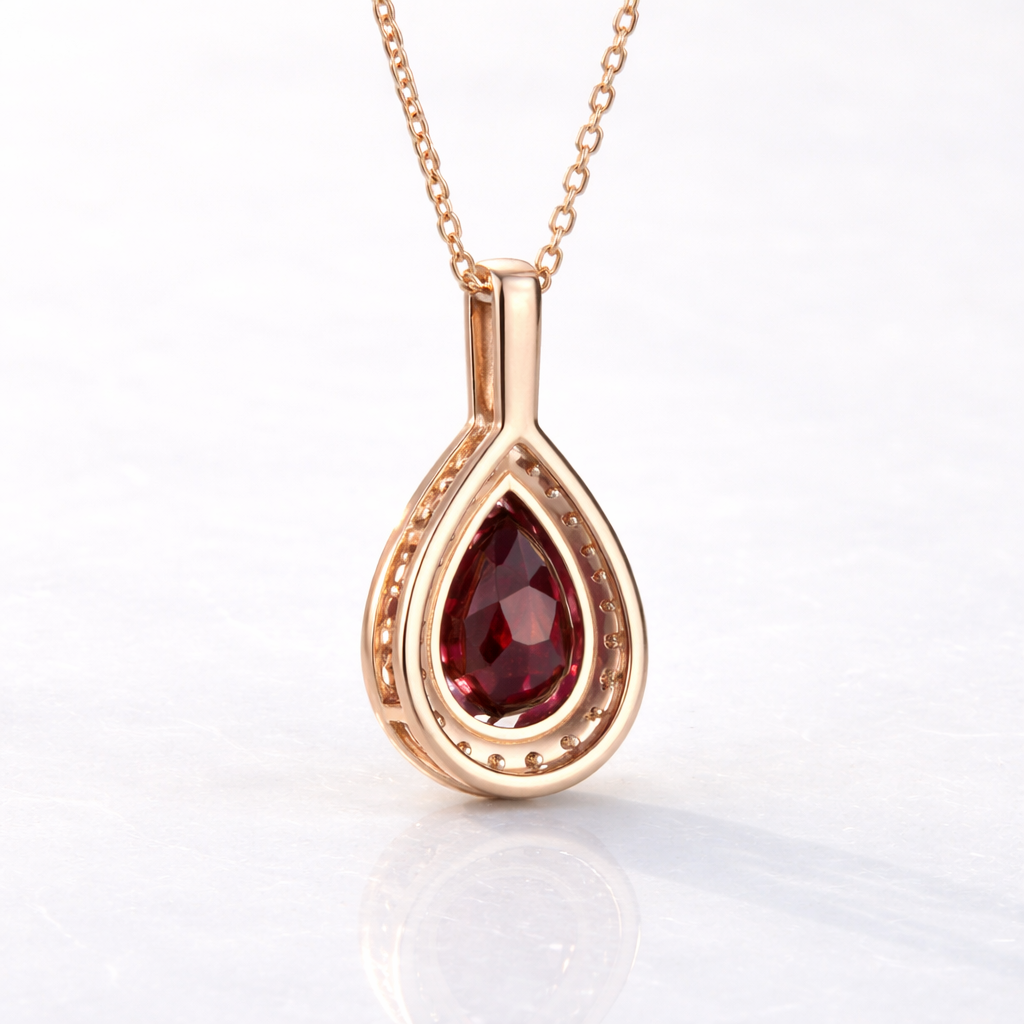 Rose Gold Diamond Pendant Halo Featuring Garnet Teardrop Pendant With Halo Setting Lab Grown Diamond Custom Diiro Pendant