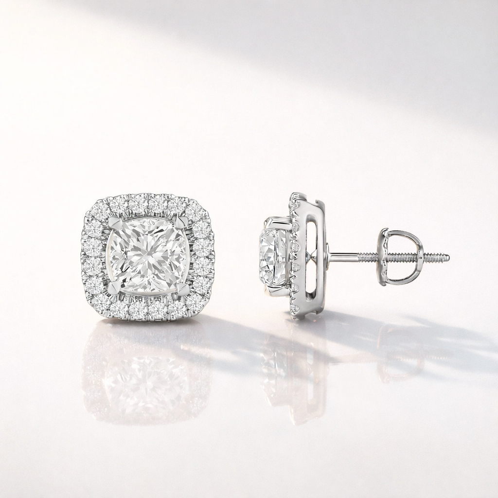 Rose Gold Cushion Cut Earrings With Round Halo Diamond Setting
