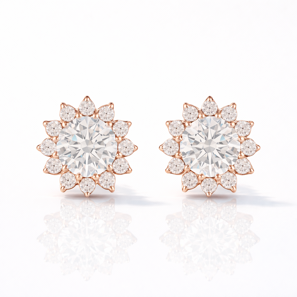 Lab Grown Diamond Stud Earrings With Round Cut Diamonds And Halo Setting
