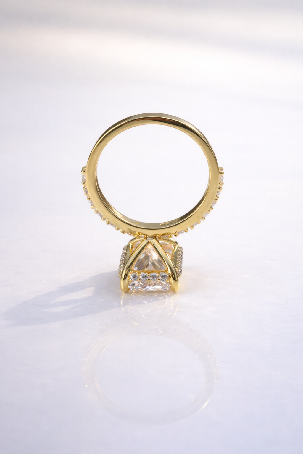 Round Cut Hidden Halo Radiant Cut Moissanite Engagement Ring In Yellow Gold
