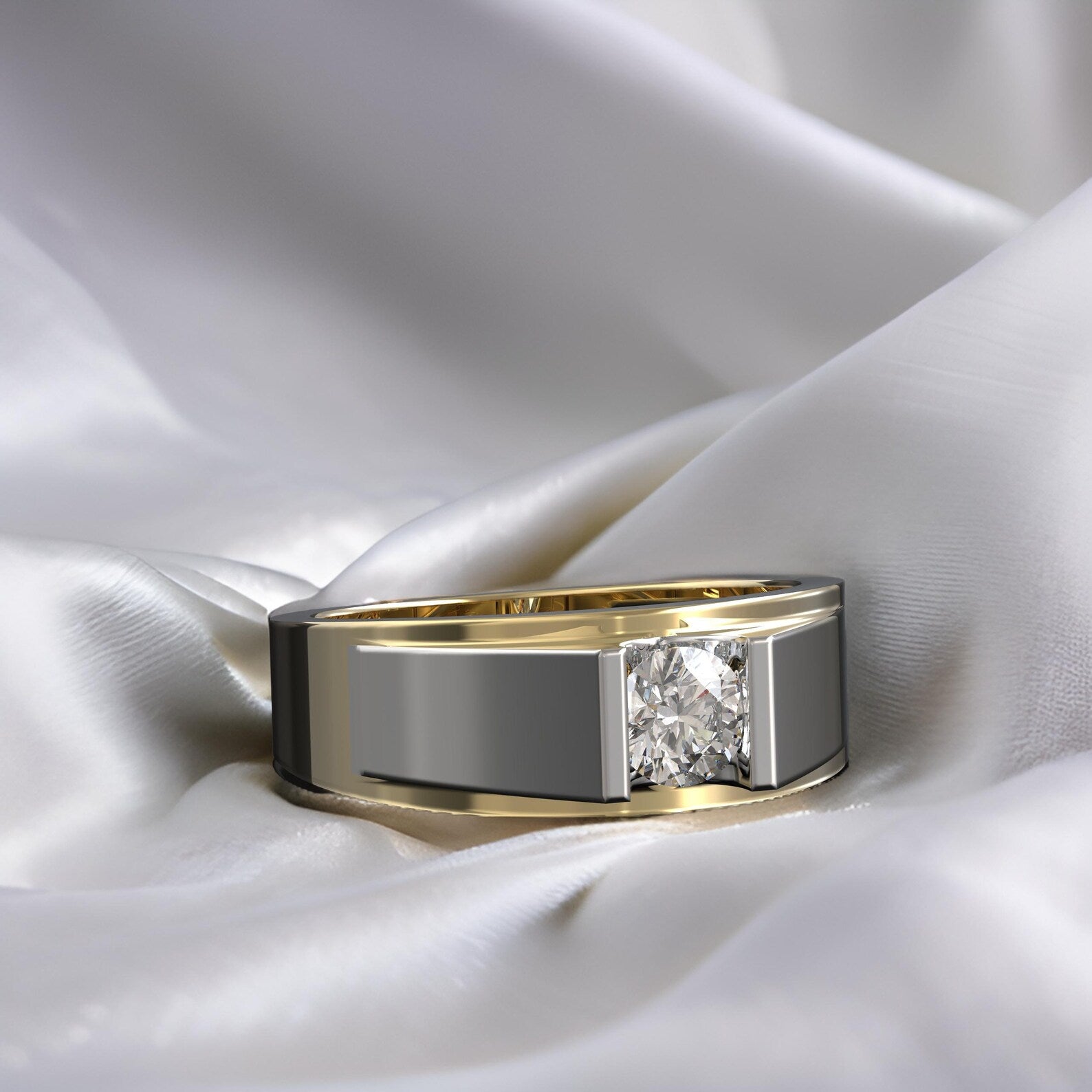 Statement Men’s Gold Ring With Round Cut Diamond High Polish Finish