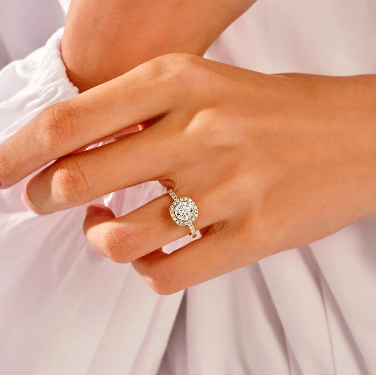 Round pave band with cushion halo diamond ring
