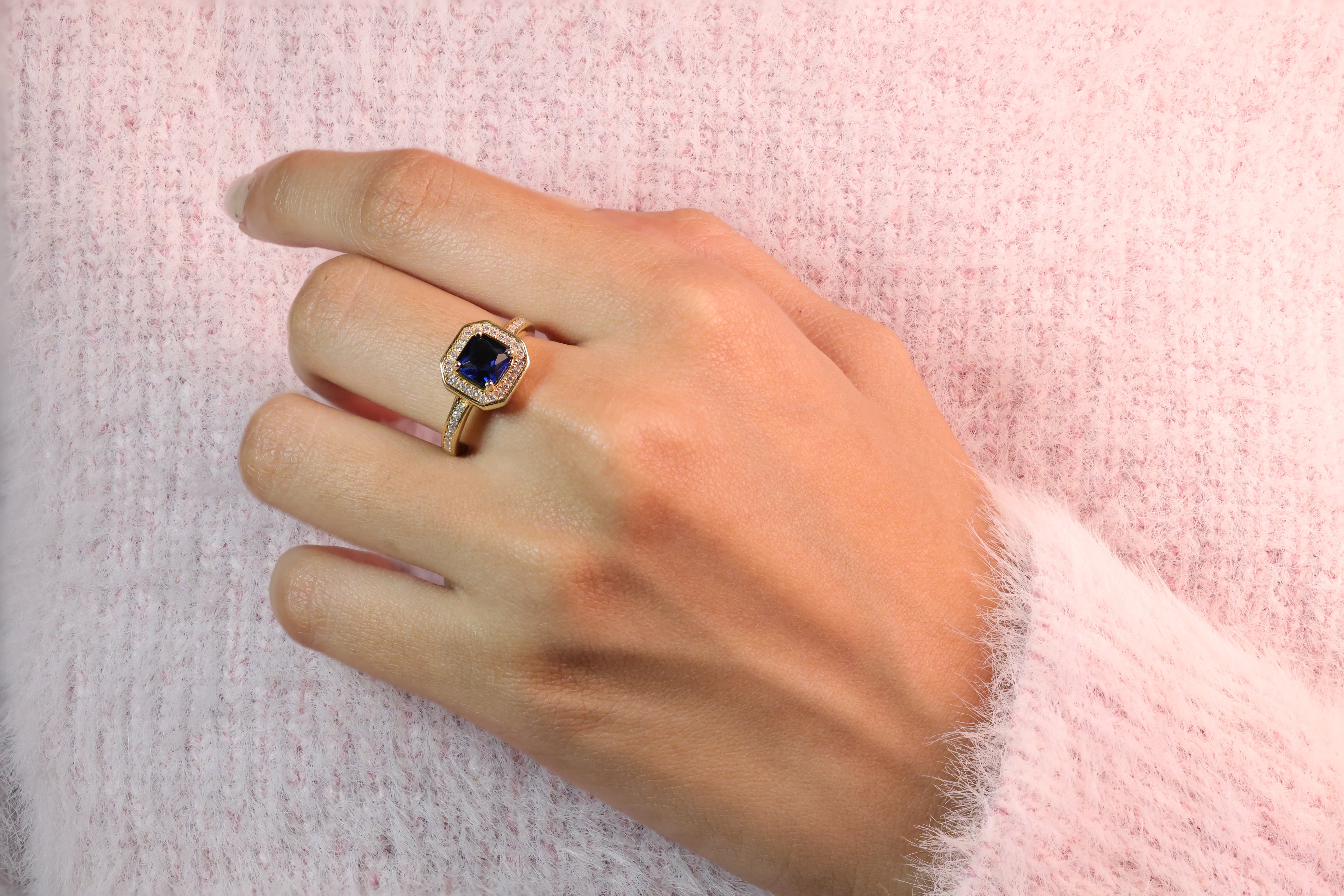 Cushion Cut Sapphire Engagement Ring Halo Diamond Ring Round Cut Pave Band.
