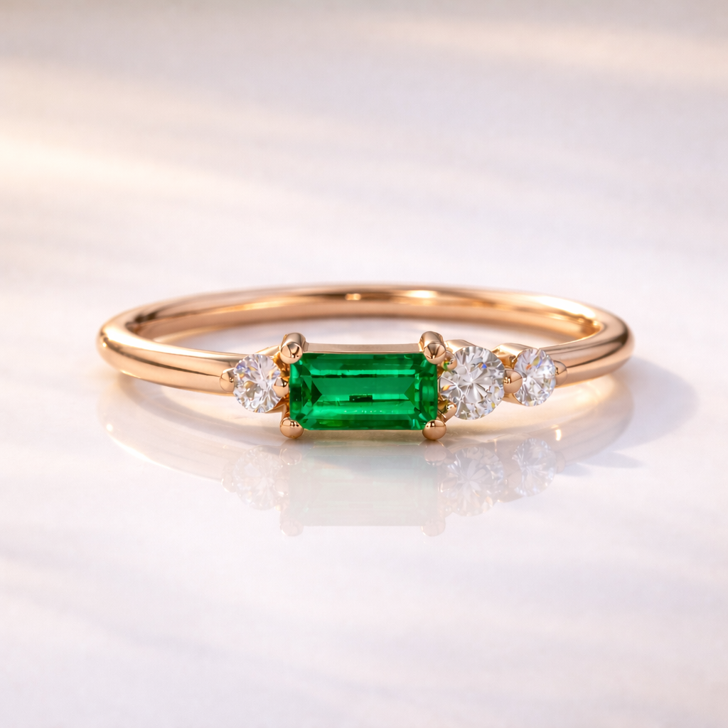 East West Emerald Ring With Round Cut Side Stone