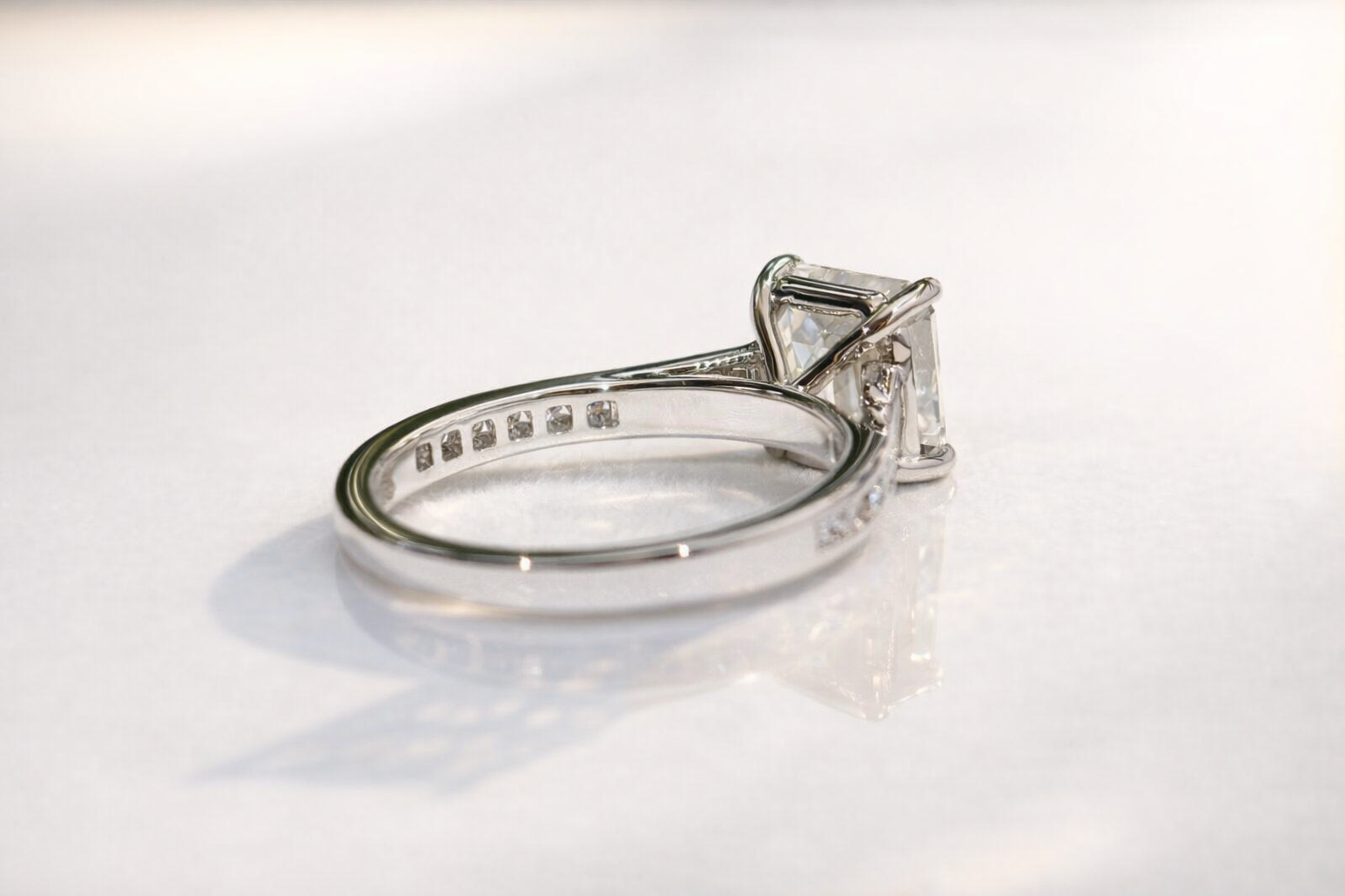 Cathedral Engagement Ring Asscher Cut Moissanite Round Side Stone.
