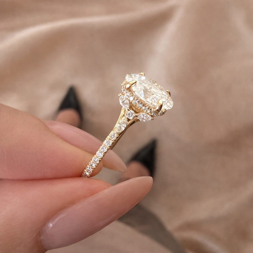 Yellow Gold Engagement Ring With Oval Cut Diamond And Pave Band
