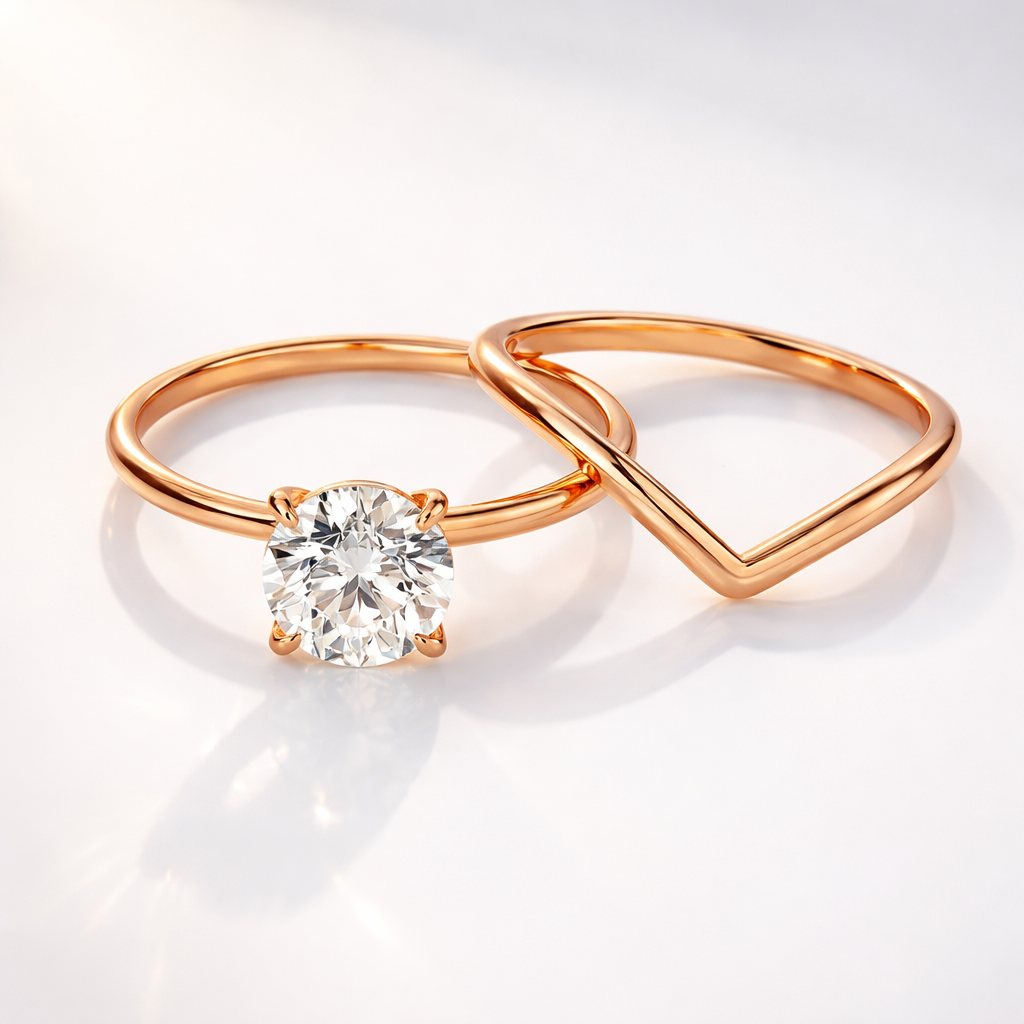 Round Cut Solitaire Bridal Set With V Shaped Wedding Band