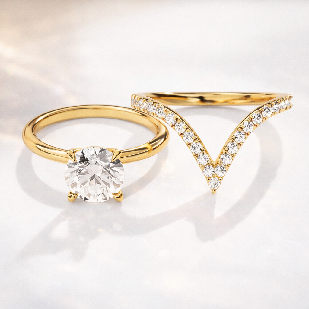 V shaped wedding band with round solitaire engagement ring in rose gold
