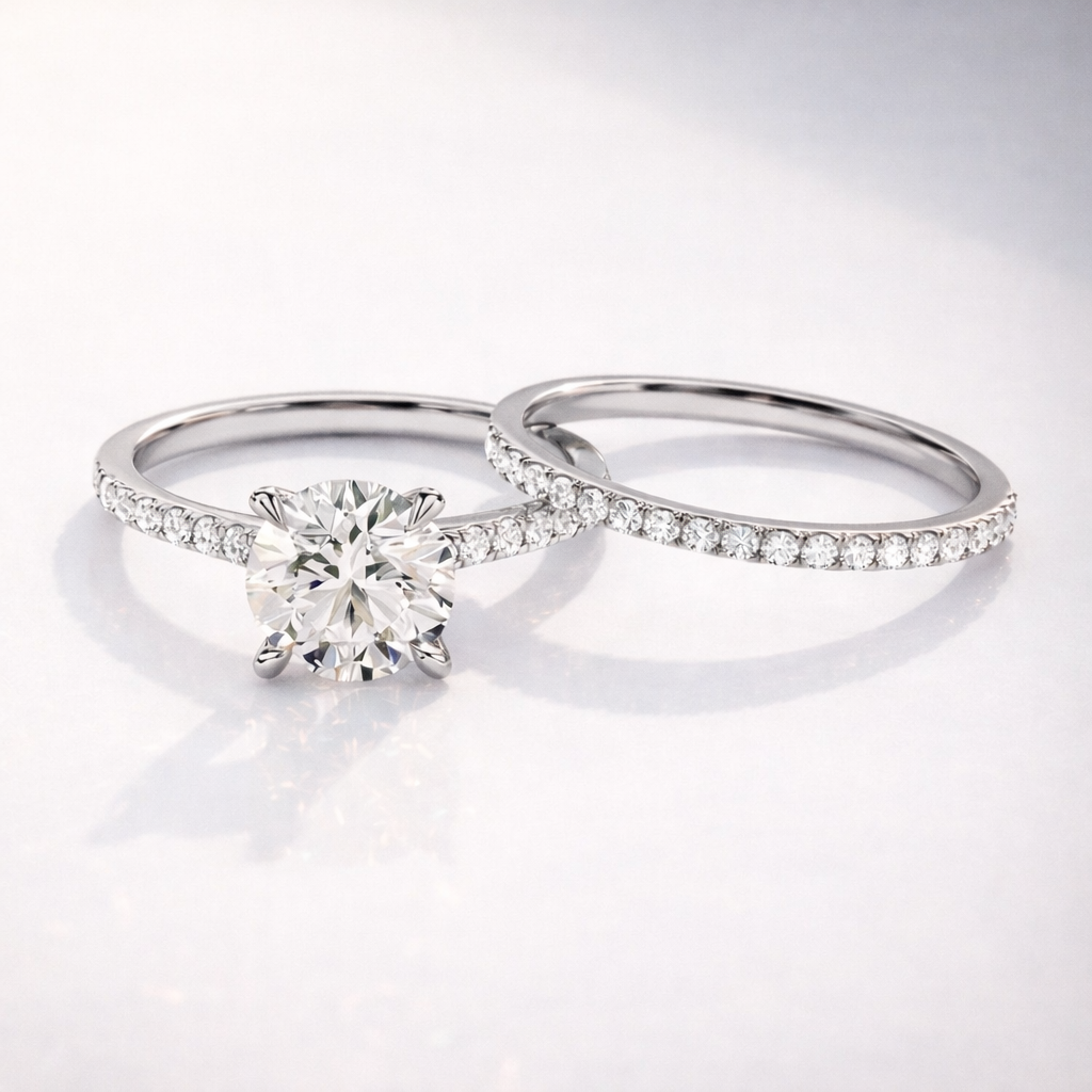 Diamond engagement ring with matching diamond band set
