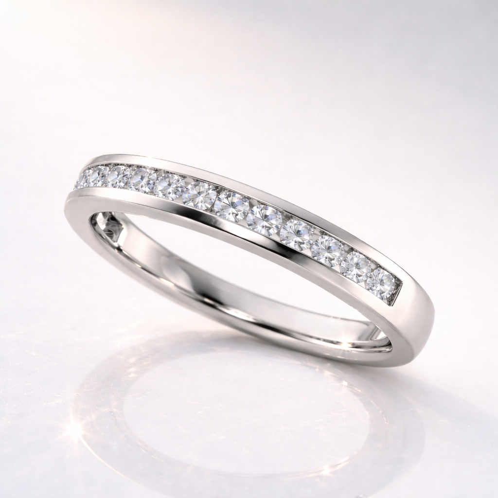 Moissanite Channel Set Half Eternity Wedding Band With Round Cut Stones
