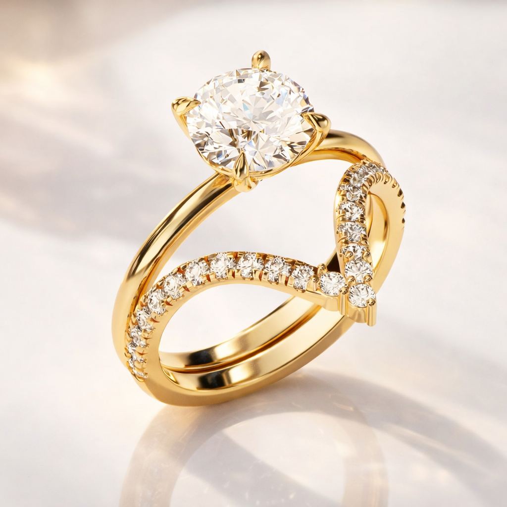 Round cut diamond bridal set in rose gold
