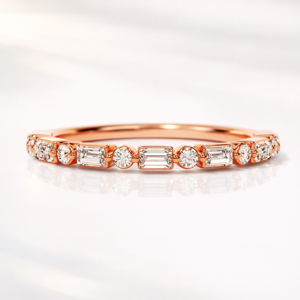 White Gold Round And Baguette Cut Half Eternity Wedding Band

