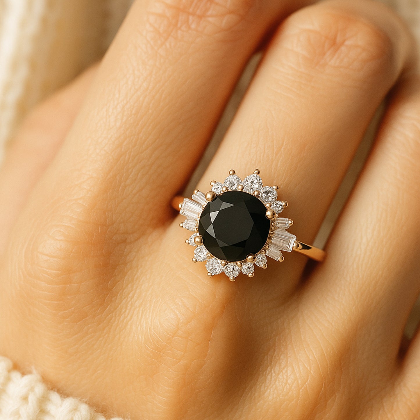 Diiro Round Black Moissanite Ring 2ct Baguette Diamond Halo Vintage Engagement Ring
