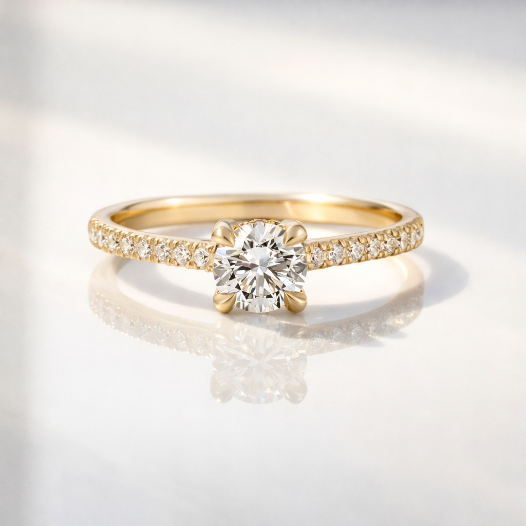 Hidden Halo Round Cut Engagement Ring With 4 Claw Prong Setting
