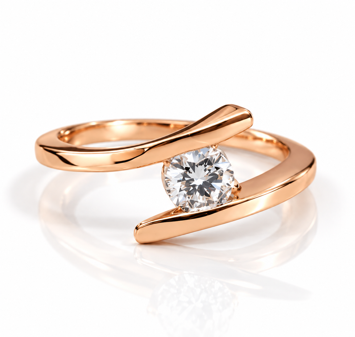 18K rose gold vermeil bypass ring with a round brilliant-cut gemstone and polished twisted band