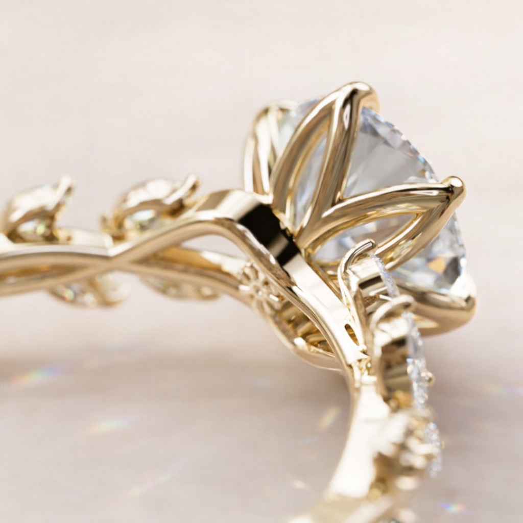 Flower Inspired Engagement Ring With Round Cut Diamond And Side Stones
