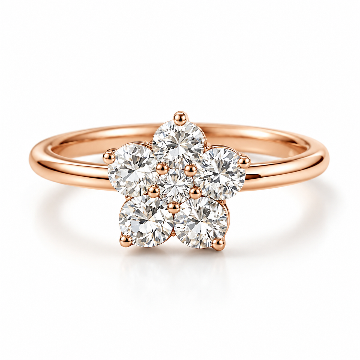 Rose gold floral diamond cluster engagement ring with round diamonds