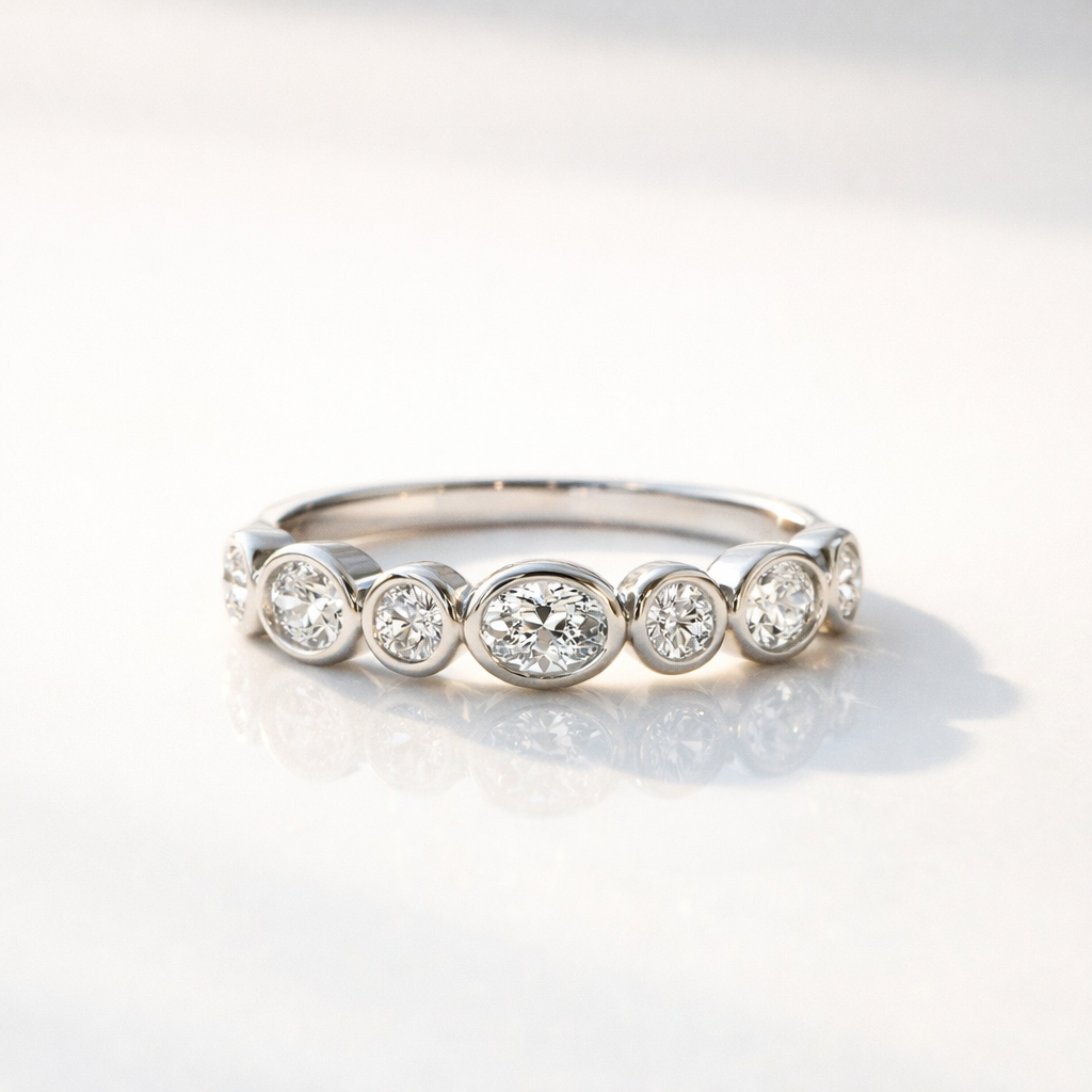 Custom Wedding Band Bezel Set Oval And Round Cut Moissanite Stacking Ring.
