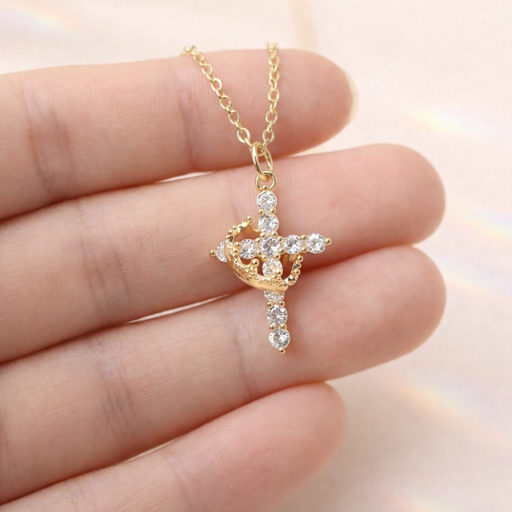 Elegant Cross And Crown Pendant With Round Cut Diamond Or Moissanite By Diiro Pendants