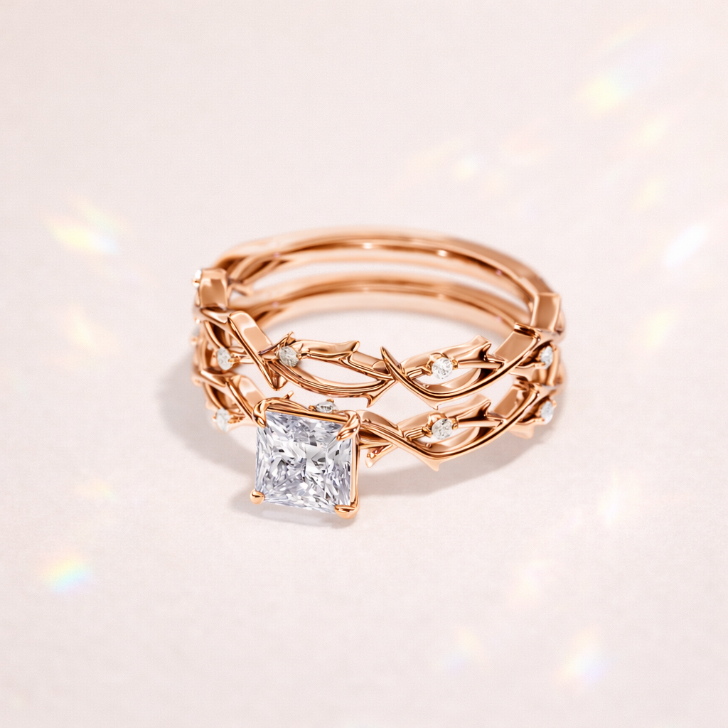 Princess Cut Bridal Set Nature Inspired Engagement Ring Twisted Band Yellow Gold.
