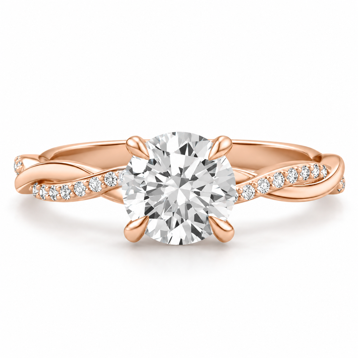 Round brilliant cut diamond engagement ring in 18K rose gold vermeil with a twisted infinity band and pavé diamond accents along the shoulders.

