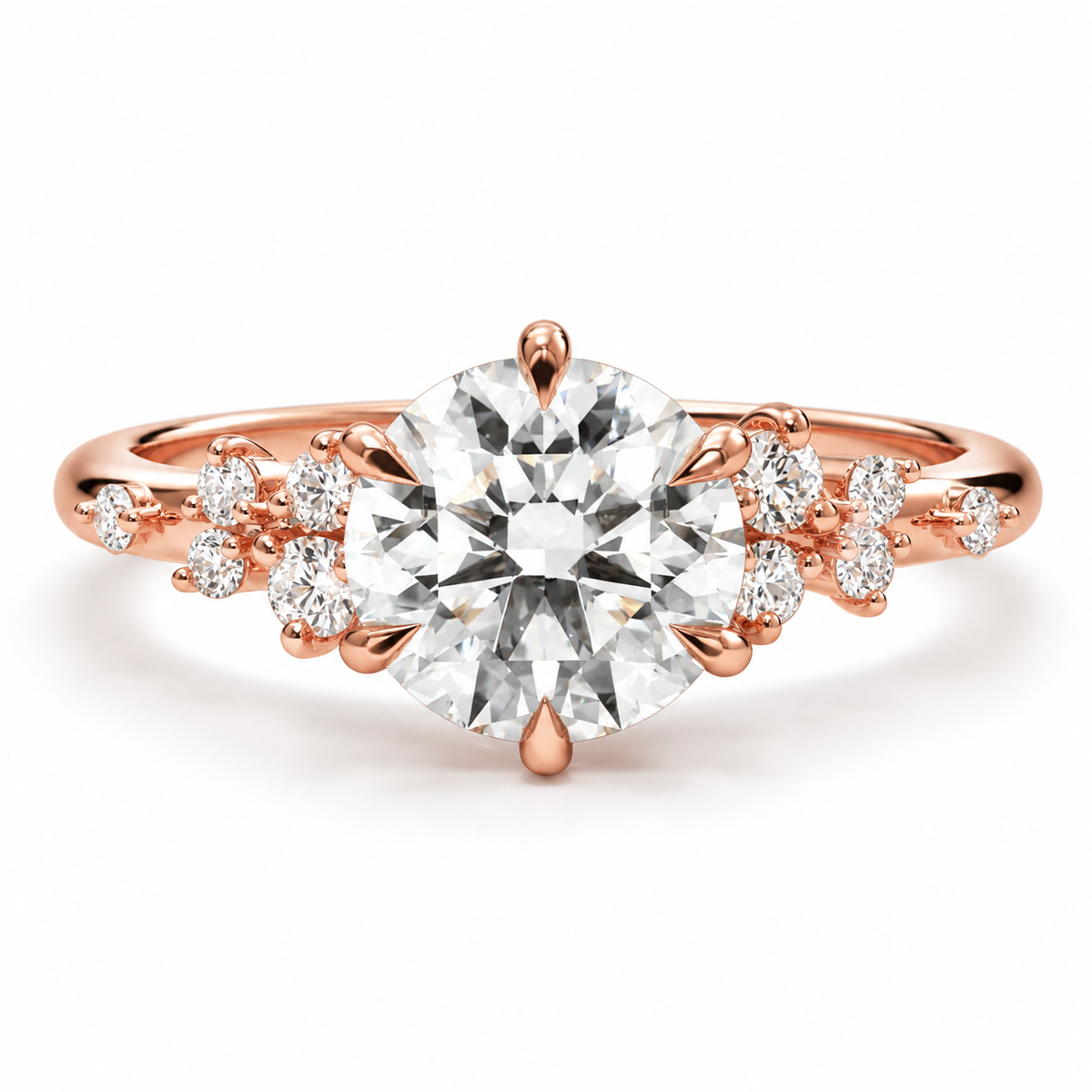 18K rose gold vermeil solitaire engagement ring featuring a large round brilliant cut diamond with elegant six-prong setting, sparkling floral diamond cluster accents on both shoulders, and a warm polished rose gold band for a luxury fine jewelry look.