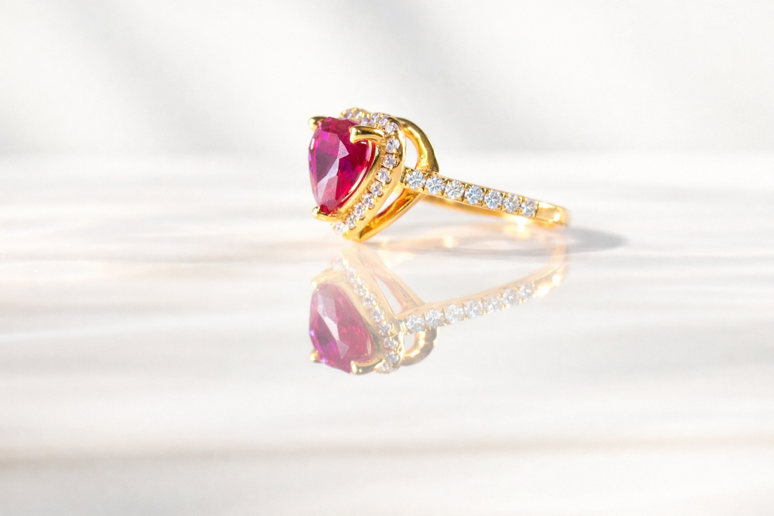 Custom Jewelry Heart Shaped Ruby Ring Round Cut Pave Band Yellow Gold.
