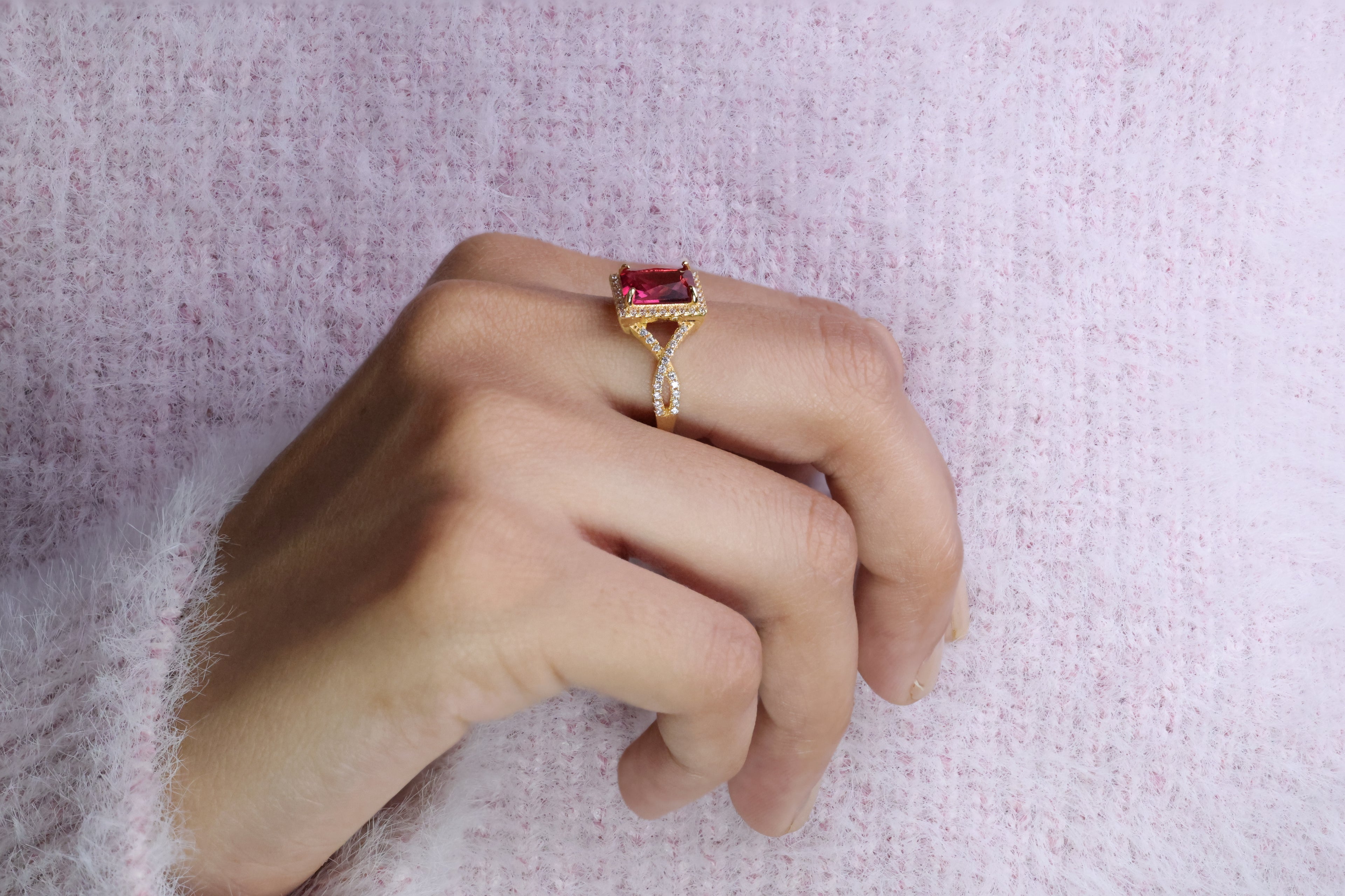 July Birthstone Ring Radiant Cut Ring 4 Claw Prong Twisted Pave Band.
