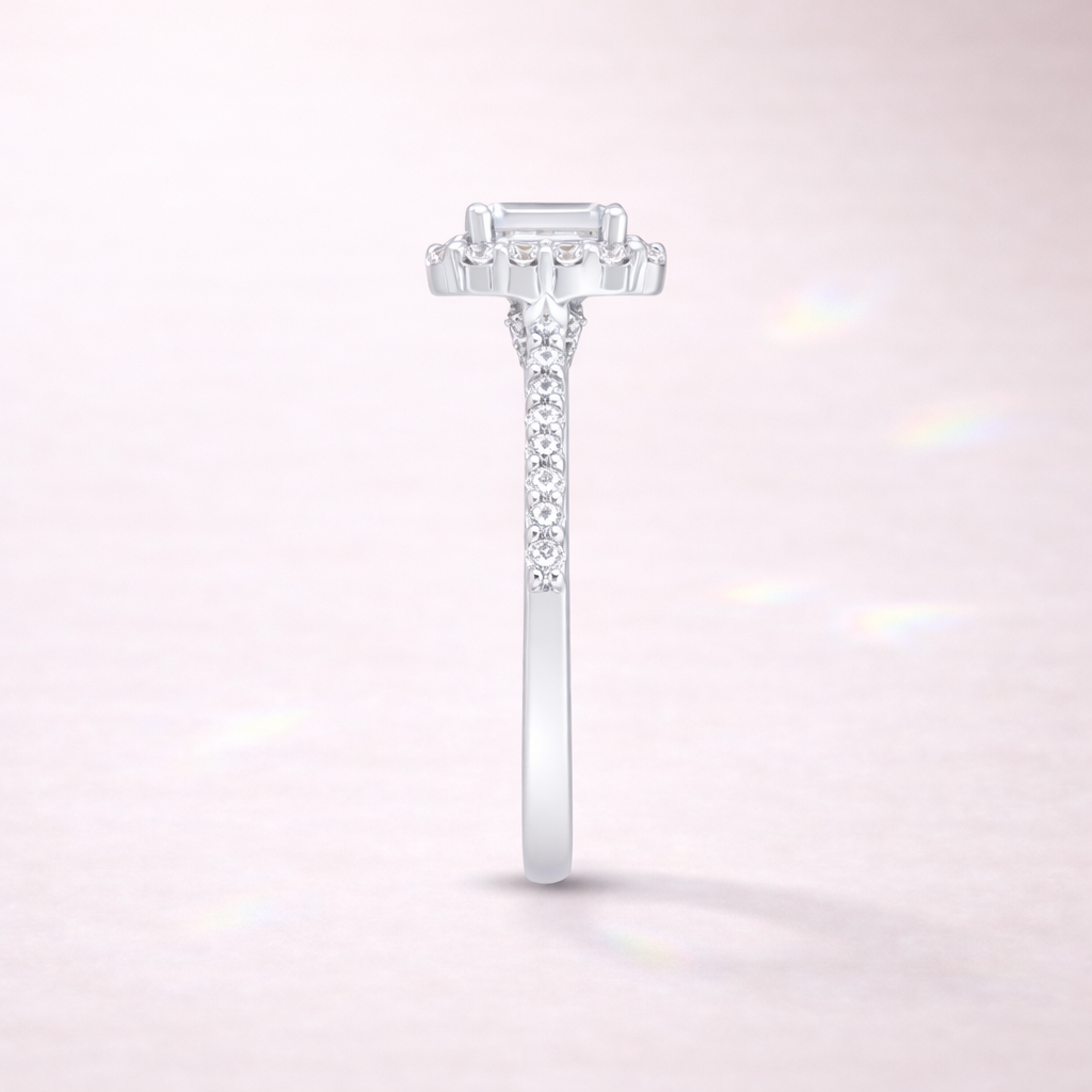 Emerald Cut Diamond Ring In White Gold With Round Cut Halo
