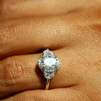 Round Cut Halo Setting Side Stone Engagement Ring Four Round Prong Setting.

