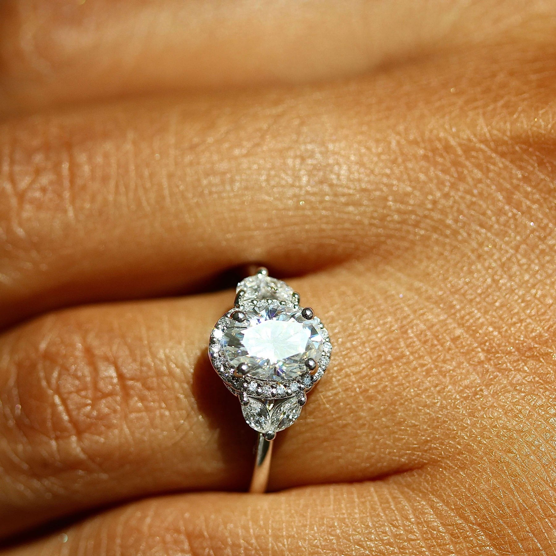 Round Cut Halo Setting Side Stone Engagement Ring Four Round Prong Setting.
