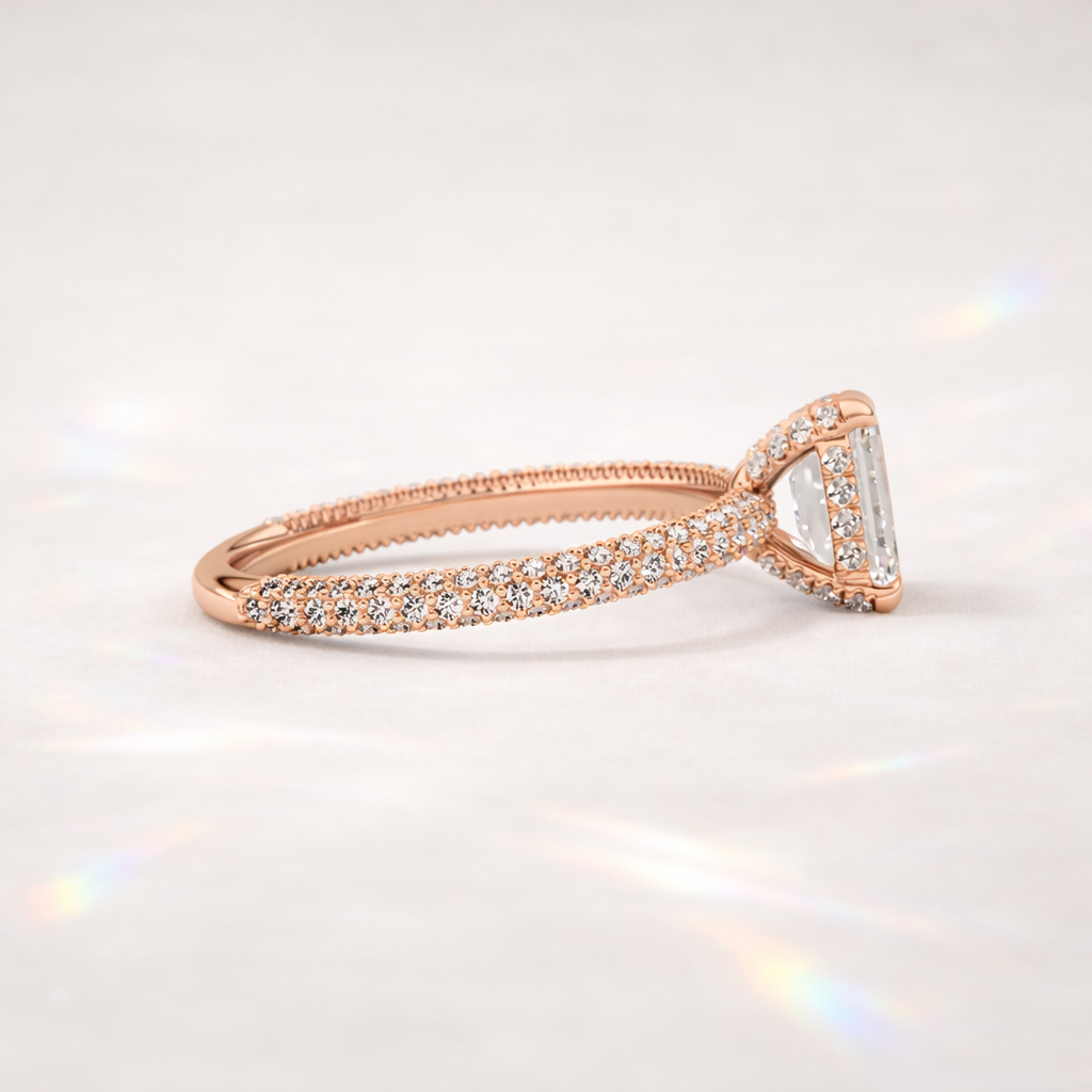 Lab Grown Diamond Ring With Emerald Cut Hidden Halo Setting
