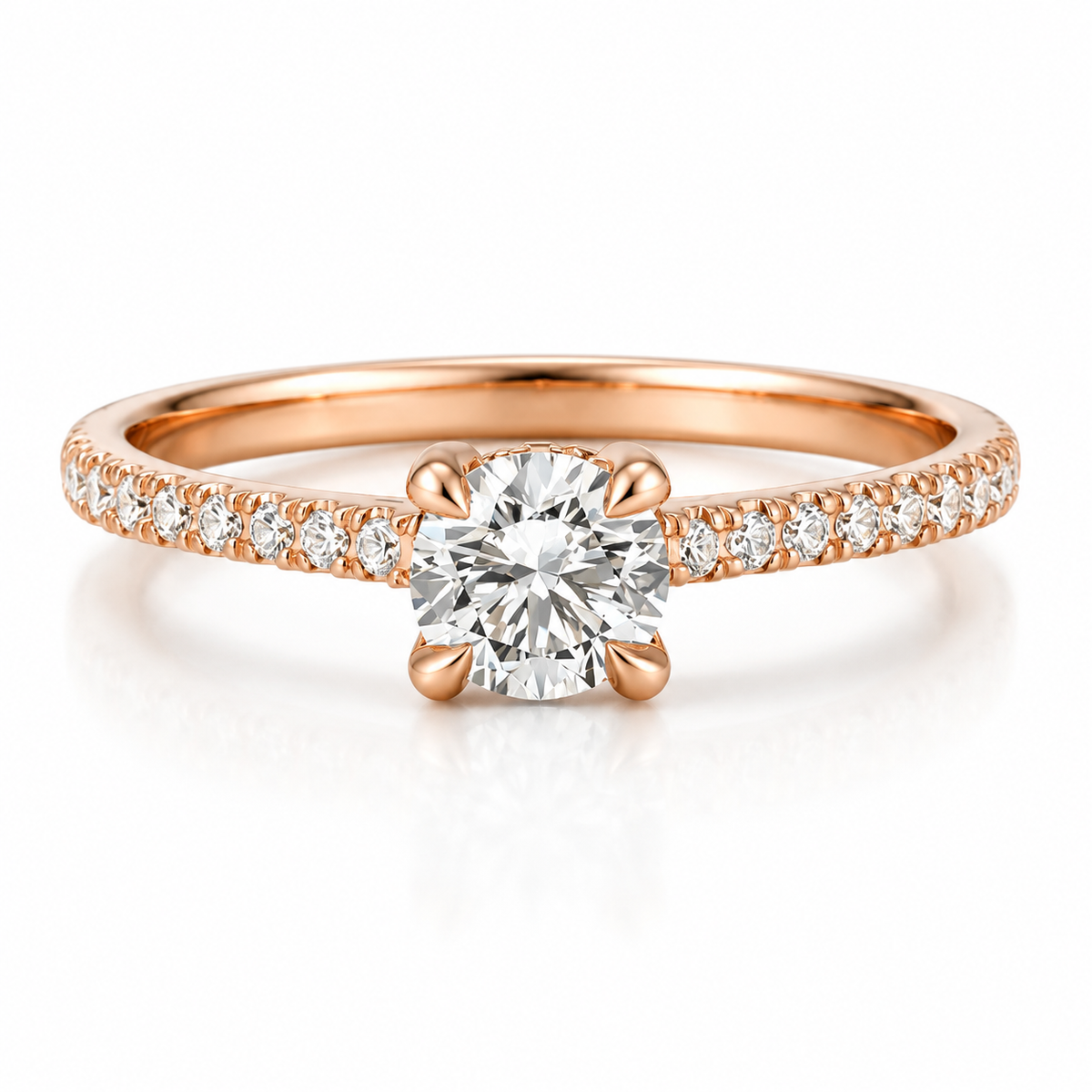 18K rose gold solitaire diamond engagement ring with round brilliant center stone, four prong setting, and sparkling pavé diamond band