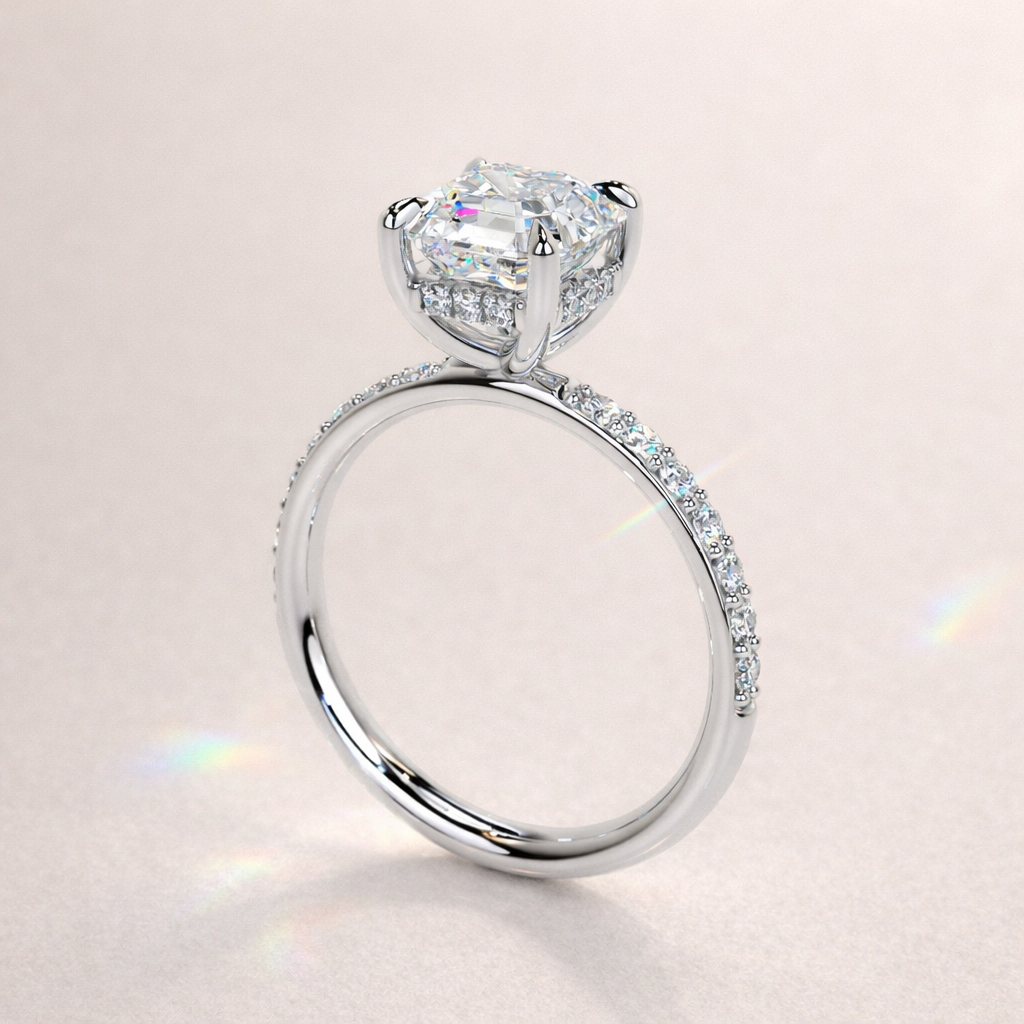 Lab Grown Diamond Ring With Hidden Halo And Asscher Cut Center Stone
