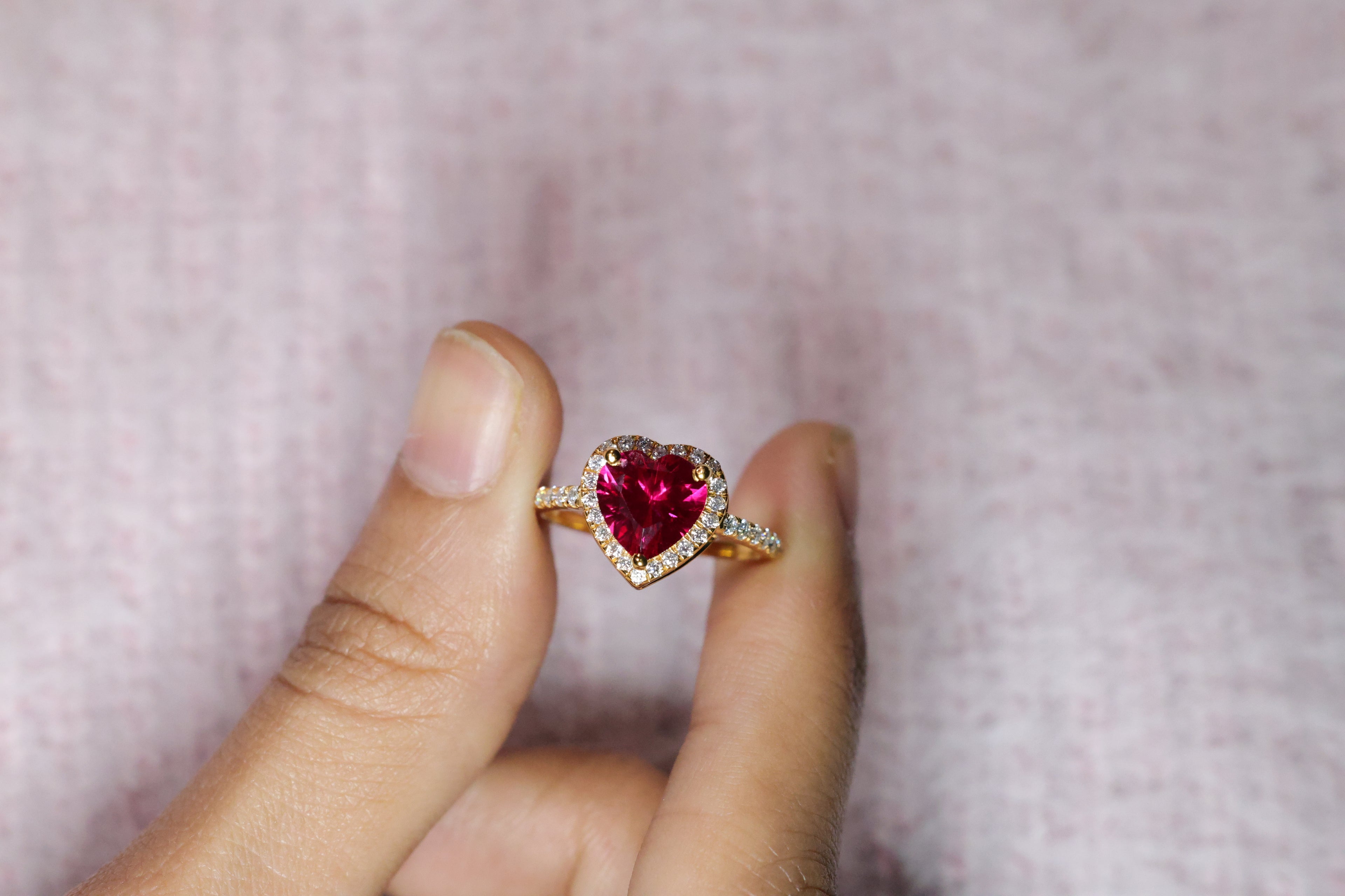 Lab Grown Diamond Ring Heart Cut Engagement Ring Round Cut Side Stone.