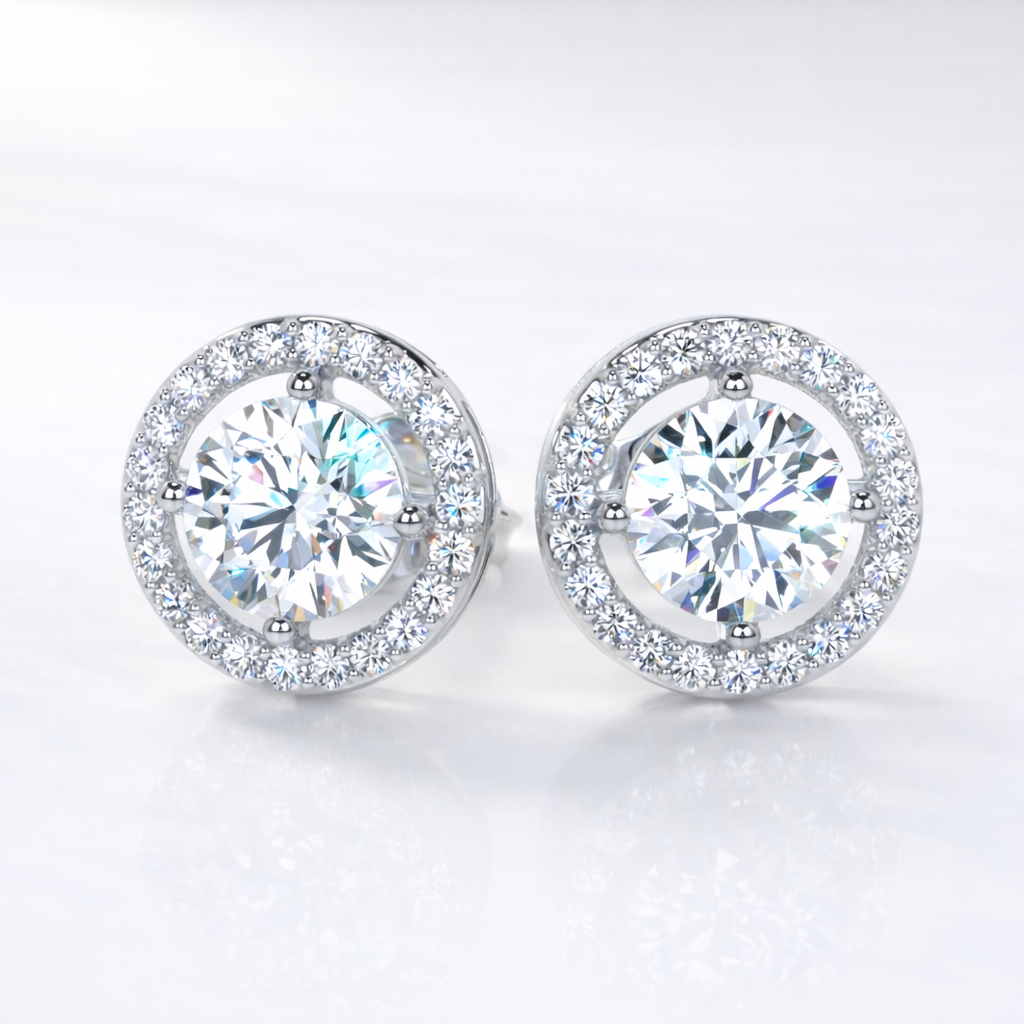 Round Diamond Halo Earrings In White Gold
