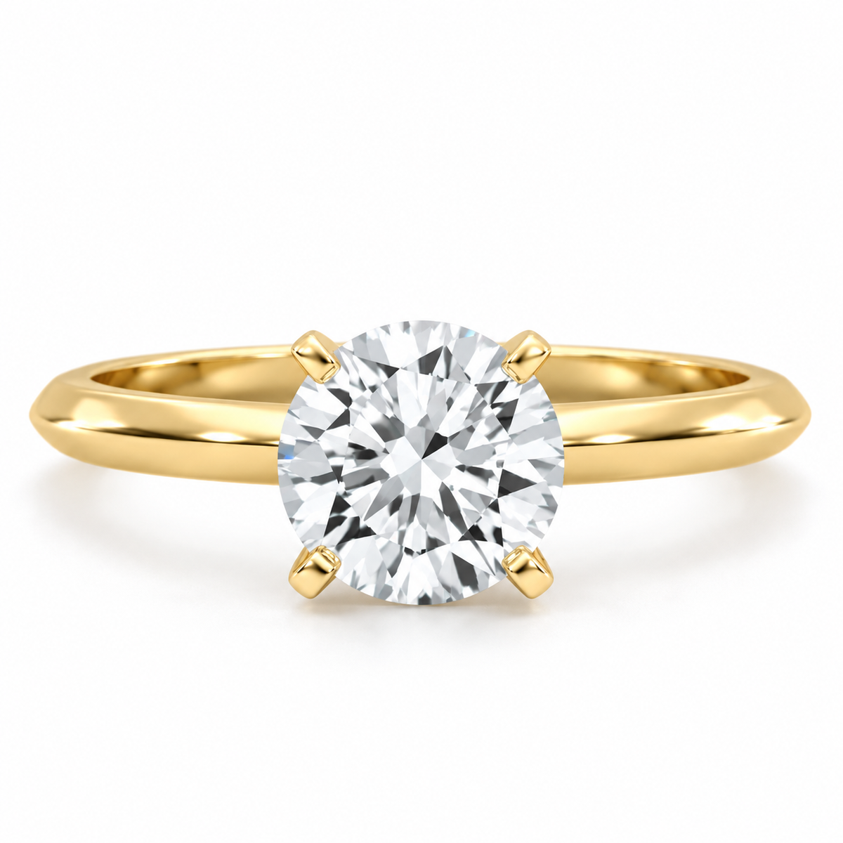 Round brilliant cut solitaire diamond ring in polished yellow gold with a smooth band and four-prong setting.