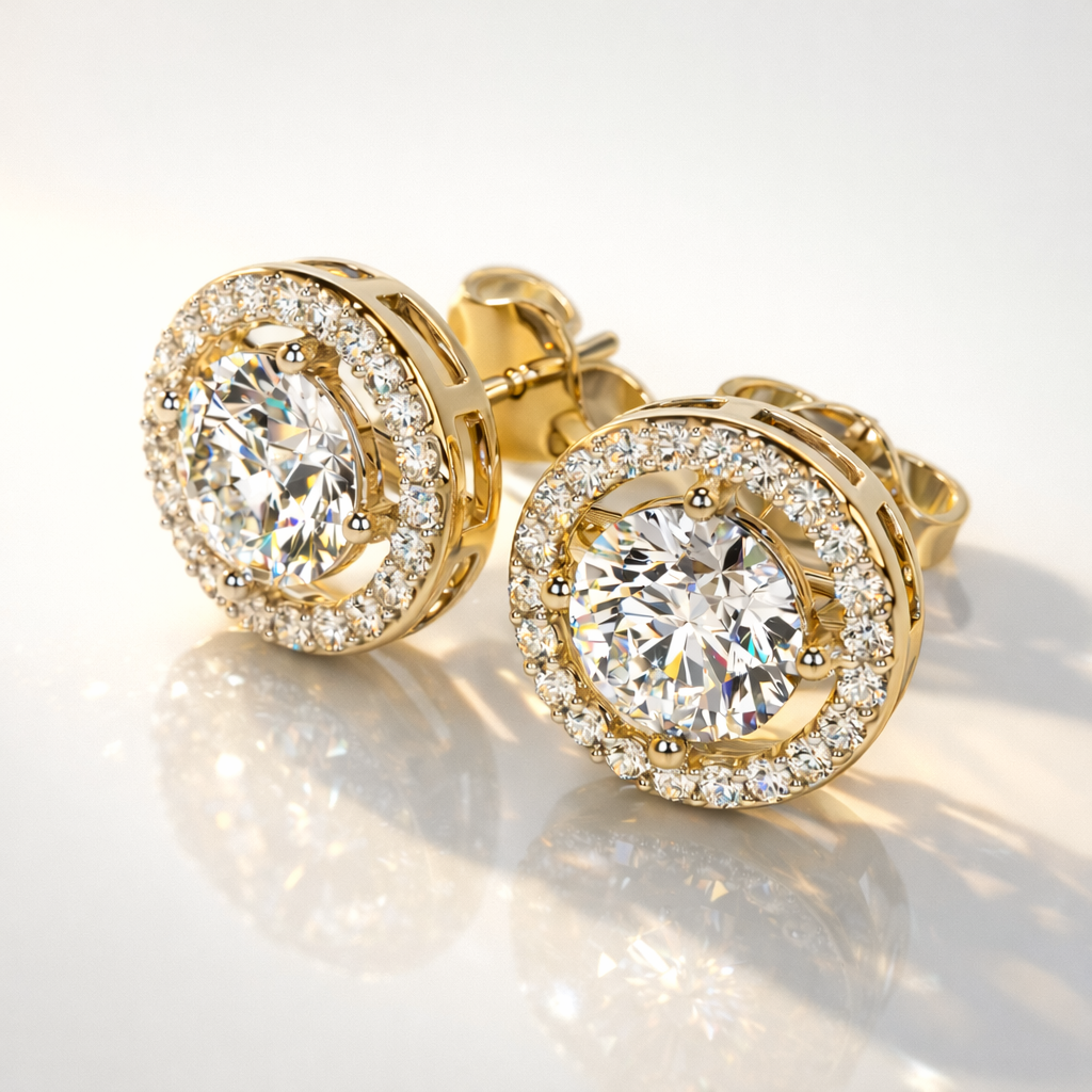 Round Diamond Stud Earrings With Halo Setting
