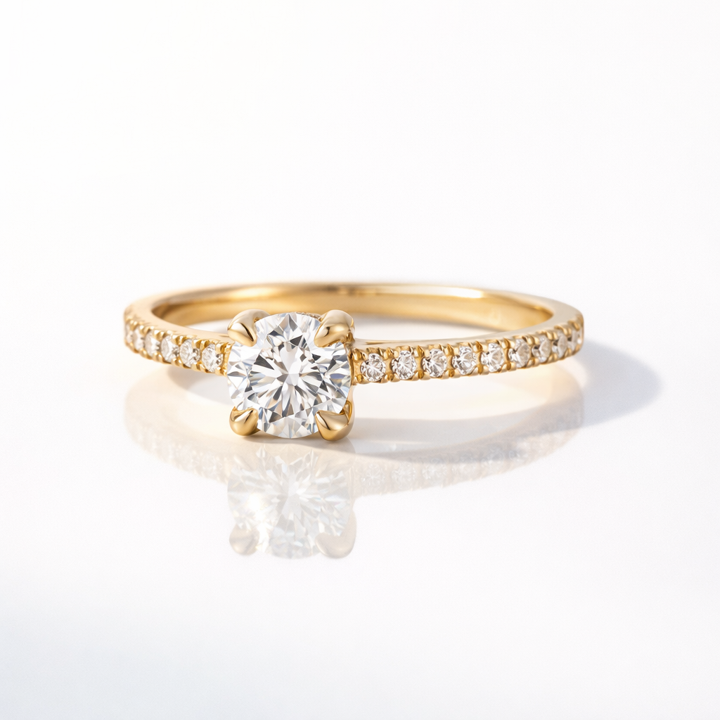 Round Brilliant Cut Diamond Engagement Ring With Hidden Halo And Pavé Band
