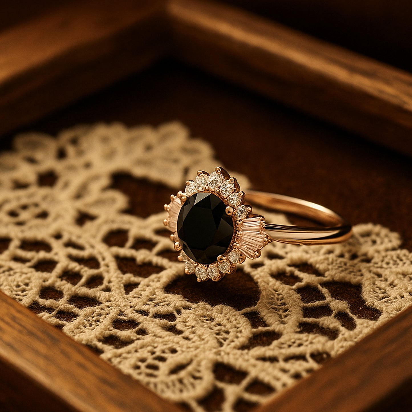 Bold Round Cut Black Moissanite Ring With Baguette And Round Diamond Halo VVS1
