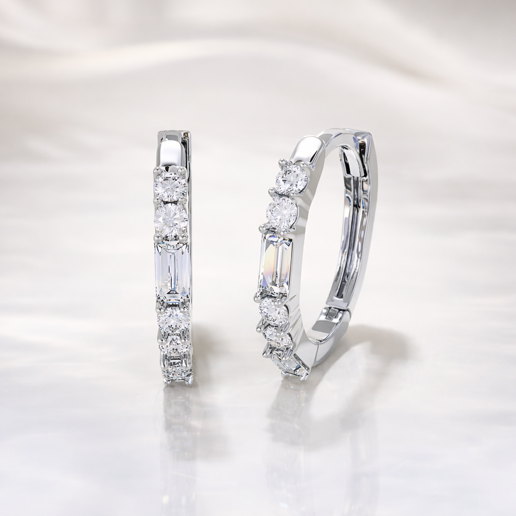 14k Gold Hoop Earrings Small Round And Baguette Cut Diamond
