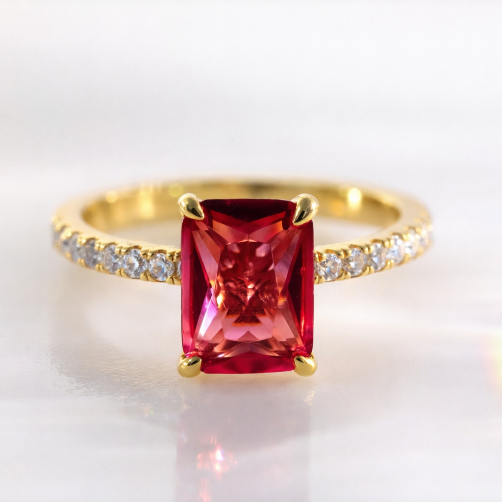 Ruby And Diamond Ring Hidden Halo Engagement Ring Radiant Cut Ring.
