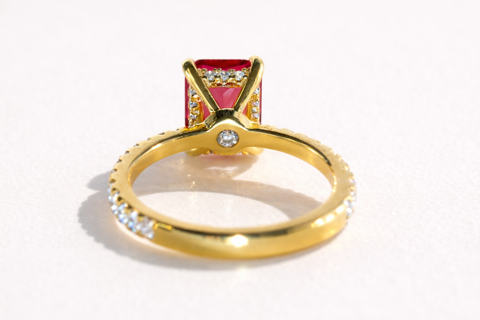 Four Claw Prong Setting Round Cut Pave Band Hidden Halo Diamond Ring.
