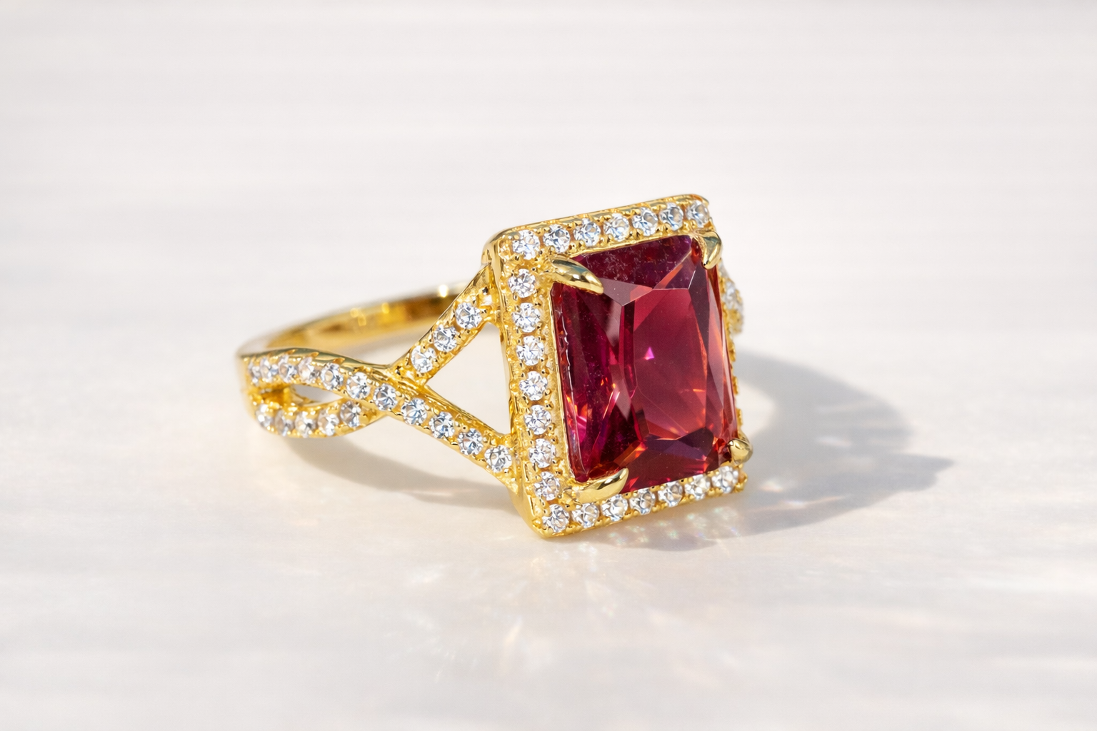 Ruby And Diamond Engagement Ring Round Cut Halo Setting Custom Ring.
