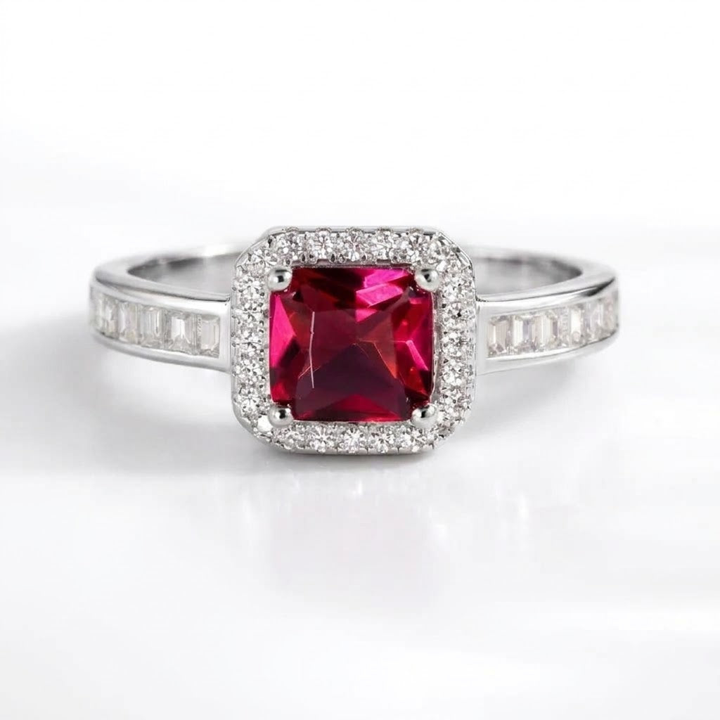 A silver-toned ring featuring a square-cut deep red center stone surrounded by a halo of small clear stones, with additional clear stones set along the band, shown on a clean white background.